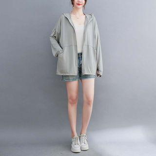 Long-sleeve Plain Zip-front Light Jacket Gray - One Size