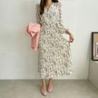 Wrap-front Floral Long Pleated Dress