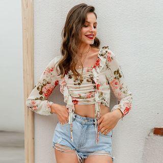 Long-sleeve Square Neck Flower Print Cropped Top