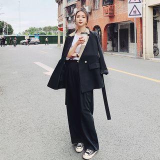 Set: Contrast Trim Double-breasted Blazer + Wide-leg Pants