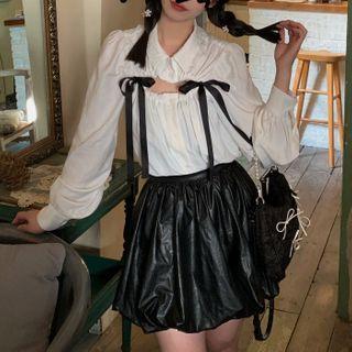 Ribbon Cut-out Shirt White - One Size