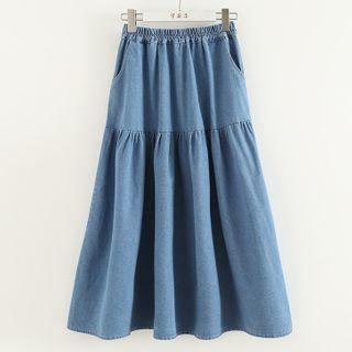 Tiered Denim Midi A-line Skirt