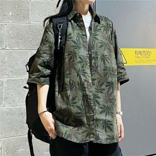 Elbow-sleeve Maple Leaf Print Shirt