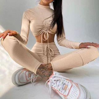 Set: Long-sleeve Drawstring Crop Top + Leggings