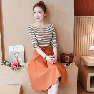 Set: Striped Long-sleeve T-shirt + A-line Midi Skirt