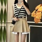 Striped Knit Tank Top / Pleated Mini A-line Skirt