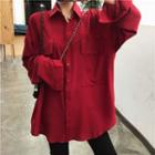 Plain Long-sleeve Loose-fit Shirt Red - One Size