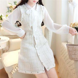 Set: Tie-neck Chiffon Blouse + Sleeveless Single-breasted Tweed Dress