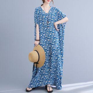 Elbow-sleeve Floral Print Maxi Dress White Floral - Blue - One Size
