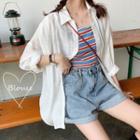 Plain Long-sleeve Loose-fit Shirt / Striped Camisole Top