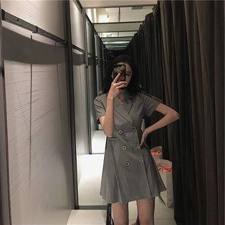 Short-sleeve Double-breasted Mini Pleated Shirt Dress