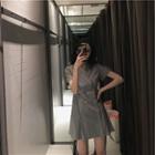 Short-sleeve Double-breasted Mini Pleated Shirt Dress