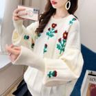 Lantern-sleeve Flower Embroidered Sweater