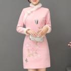 Fluffy Trim Stand-collar Long-sleeve Dress