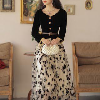 Set: Long-sleeve Embellished Top + Midi A-line Skirt + Belt