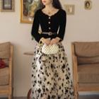 Set: Long-sleeve Embellished Top + Midi A-line Skirt + Belt