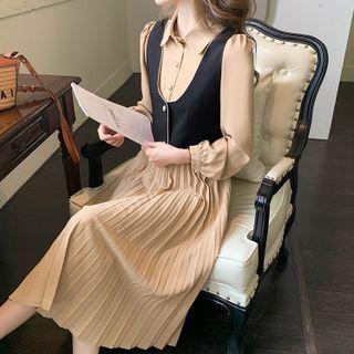 Set: Long-sleeve Pleated Shirtdress + Button-up Vest