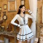 V-neck Contrast Trim Cardigan + Pleated Mini A-line Skirt White - One Size