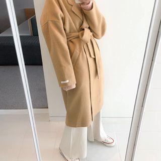 Notched-lapel Open-front Long Coat With Tie-belt