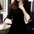 3/4-sleeve Pleated-detail A-line Dress