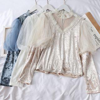 Patchwork Stand-collar Velvet Top