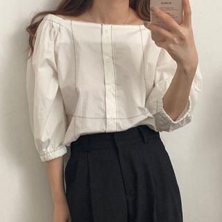 Balloon-sleeve Contrast Stitched Blouse White - One Size