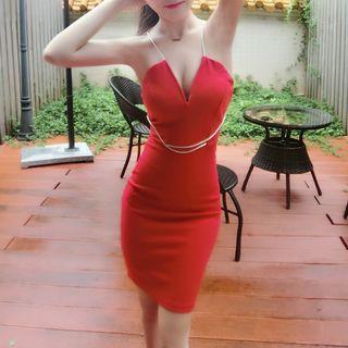 Spaghetti Strap Deep V-neck Sheath Dress