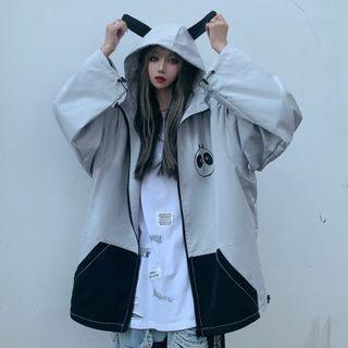 Cartoon Print Two-tone Hooded Zip-up Jacket
