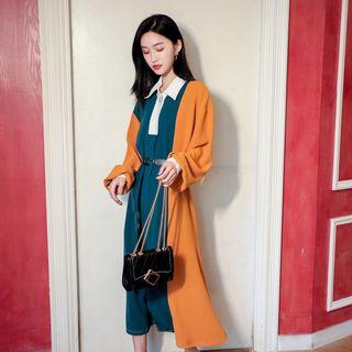 Color Block Long-sleeve Midi Collared Dress