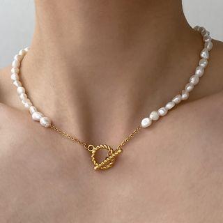 Geometric Pendant Freshwater Pearl Choker 1 Pc - Gold - One Size