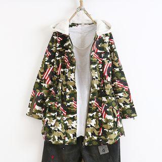 Hooded Camo Print Zip Jacket Camouflage - Army Green - M