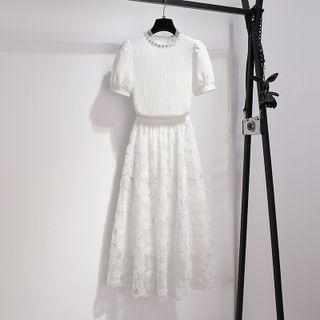 Short-sleeve Blouse / Lace Midi Skirt / Plain Blazer / Set