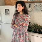 Puff-sleeve Floral Print Midi A-line Dress Light Grayish Blue - One Size