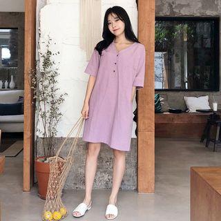 V-neck Buttoned Linen Blend Dress