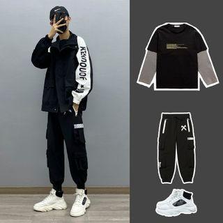 Long-sleeve Two-tone T-shirt / Lettering Joggers