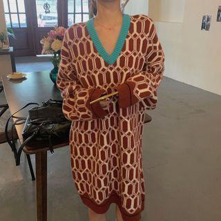 Patterned Sweater Dress Brown Red - One Size