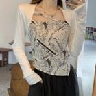 Long-sleeve Asymmetrical Newspaper Print Cutout T-shirt