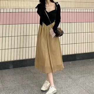 Spaghetti Strap Two-tone Midi A-line Dress / Plain Cardigan