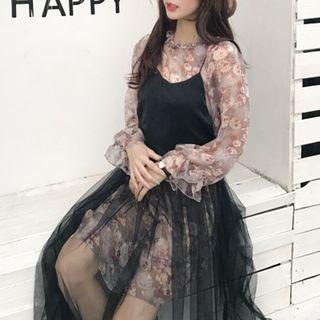Set: Spaghetti Strap Dress + Long-sleeve Chiffon Top