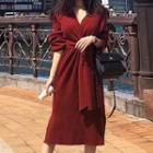 V-neck Long-sleeve Midi Knit Sheath Dress