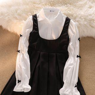 Long-sleeve Bow Blouse / Pleated Overall Dress