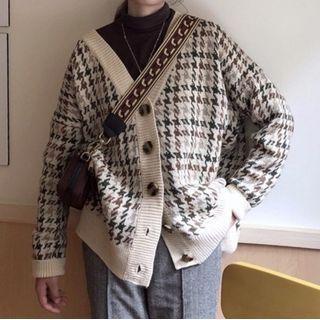 V-neck Houndstooth Cardigan Houndstooth - Black & Coffee - One Size