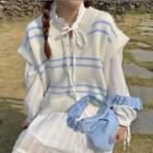 Striped V-neck Knit Vest White & Blue - One Size