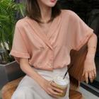 Plain Double-breasted V-neck Short-sleeve Blouse