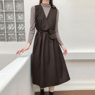 Long-sleeve Mock-neck Top / A-line Midi Pinafore Dress