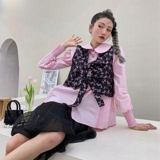 Puff-sleeve Tweed Panel Shirt / Floral Print Camisole Top