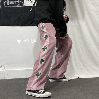 Embroidered Wide-leg Corduroy Pants