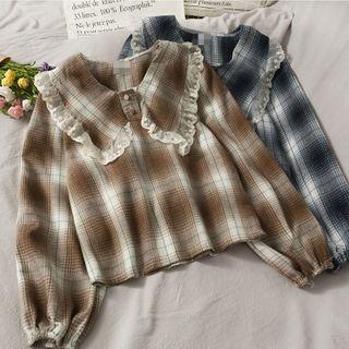 Lace-trim Peter Pan-collar Plaid Top