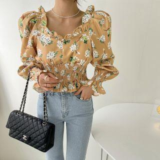Frill-trim Floral Smocked Blouse