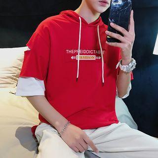 Letter Embroidered Color Panel Elbow Sleeve Hoodie